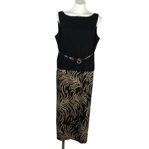 Courtenay Linen blend black and tan leaf/zebra print belted dress